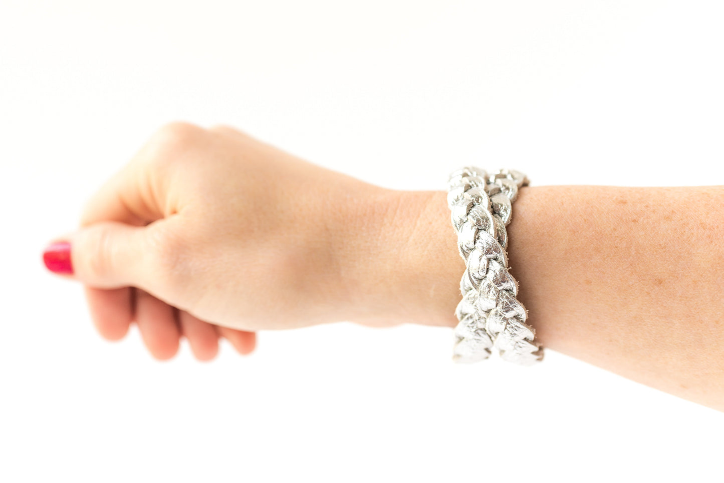 Double Wrap Braided Leather Bracelet / Soft Silver / Extra Large