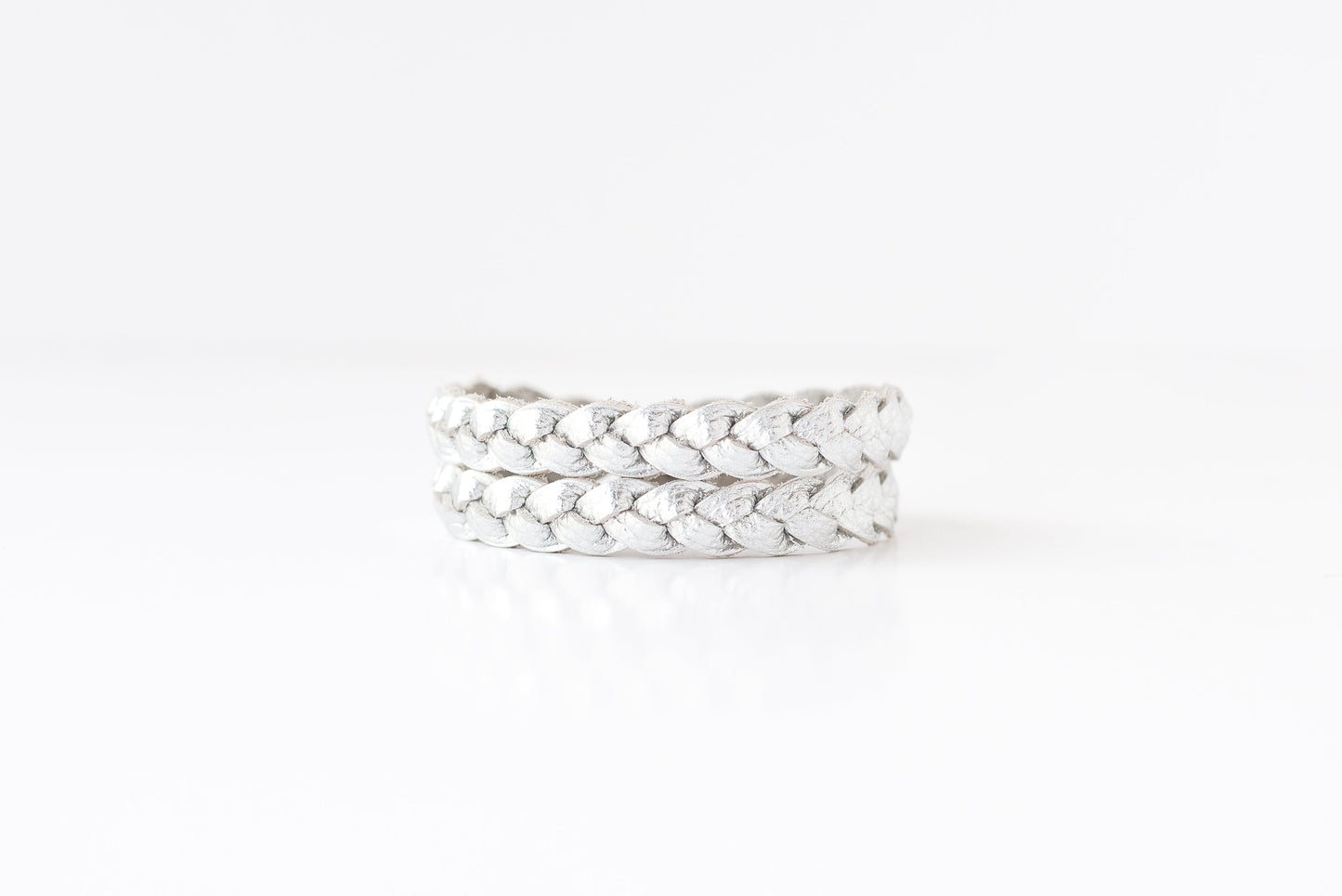 Double Wrap Braided Leather Bracelet / Soft Silver / Extra Large