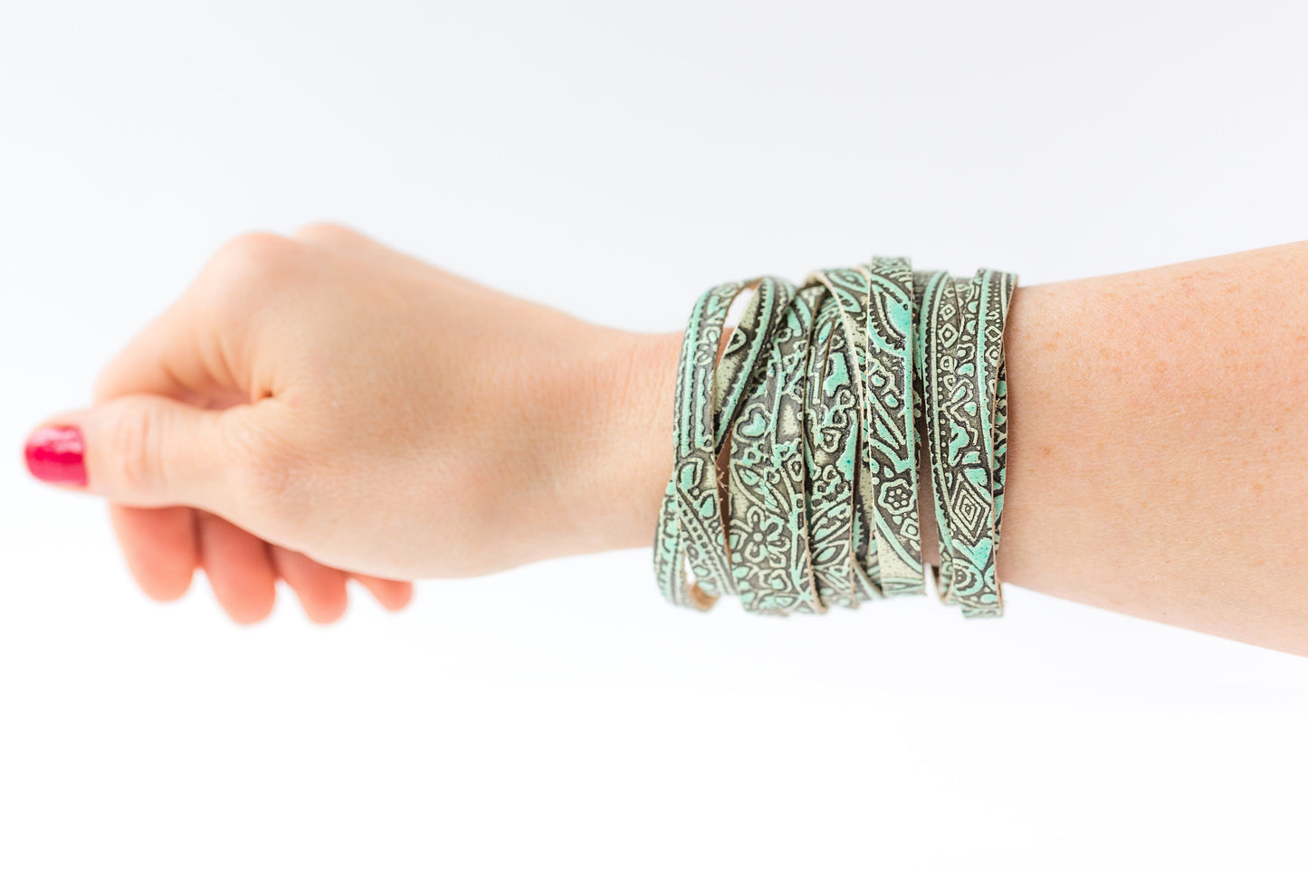 Leather Bracelet / Original Sliced Wrap Cuff / Paisley Turquoise