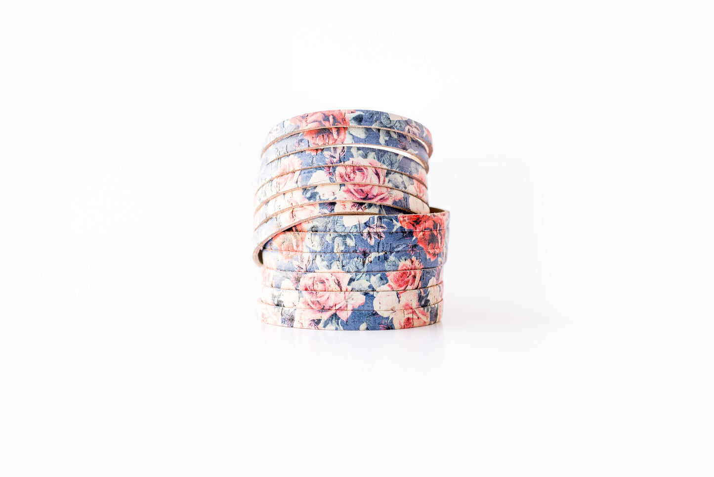 Leather Bracelet / Original Sliced Wrap Cuff / Pink Roses Cork / Regular