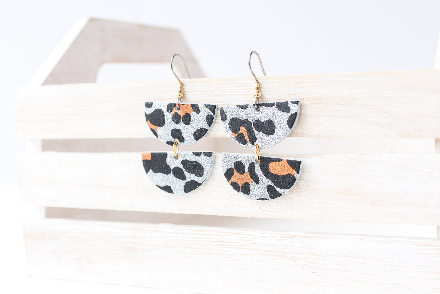 Leather Earrings / Demi Luna / Sparkle Leopard Silver