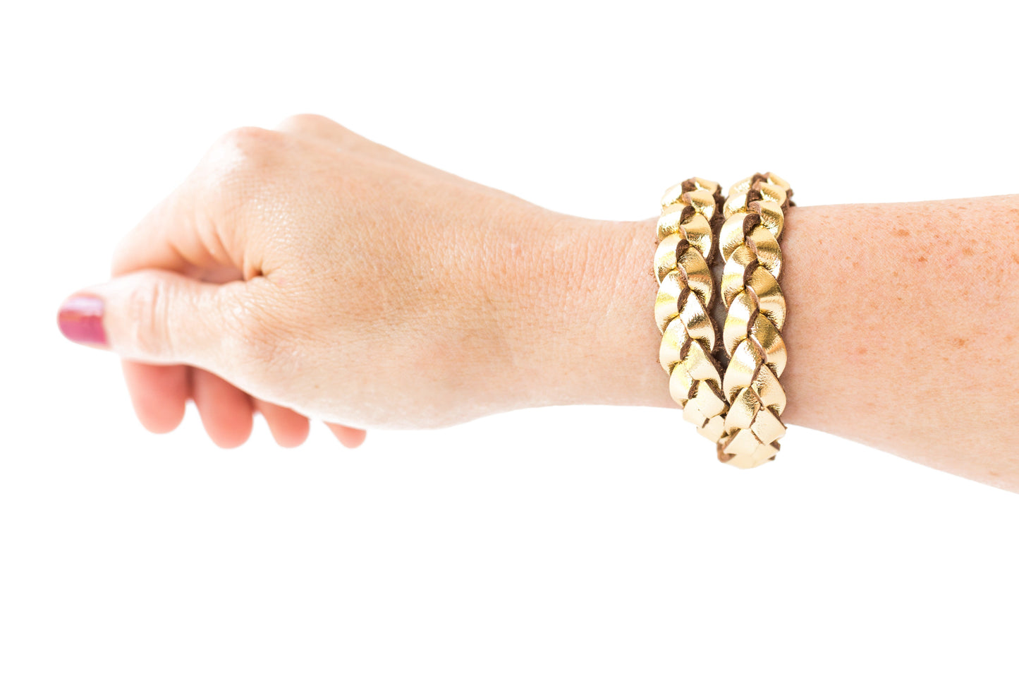 Double Wrap Braided Leather Bracelet / Metallic Gold