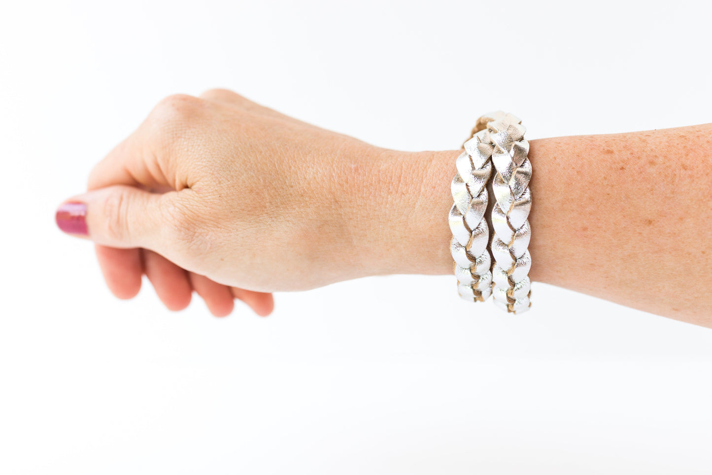 Double Wrap Braided Leather Bracelet / Metallic Silver / Small