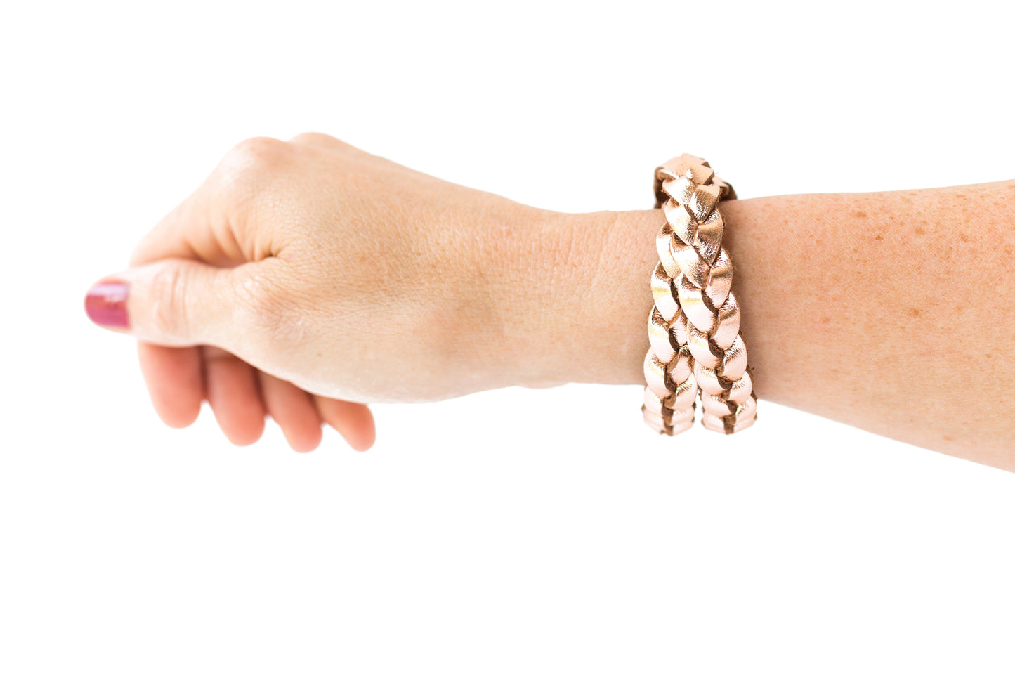 Double Wrap Braided Leather Bracelet / Metallic Rosegold