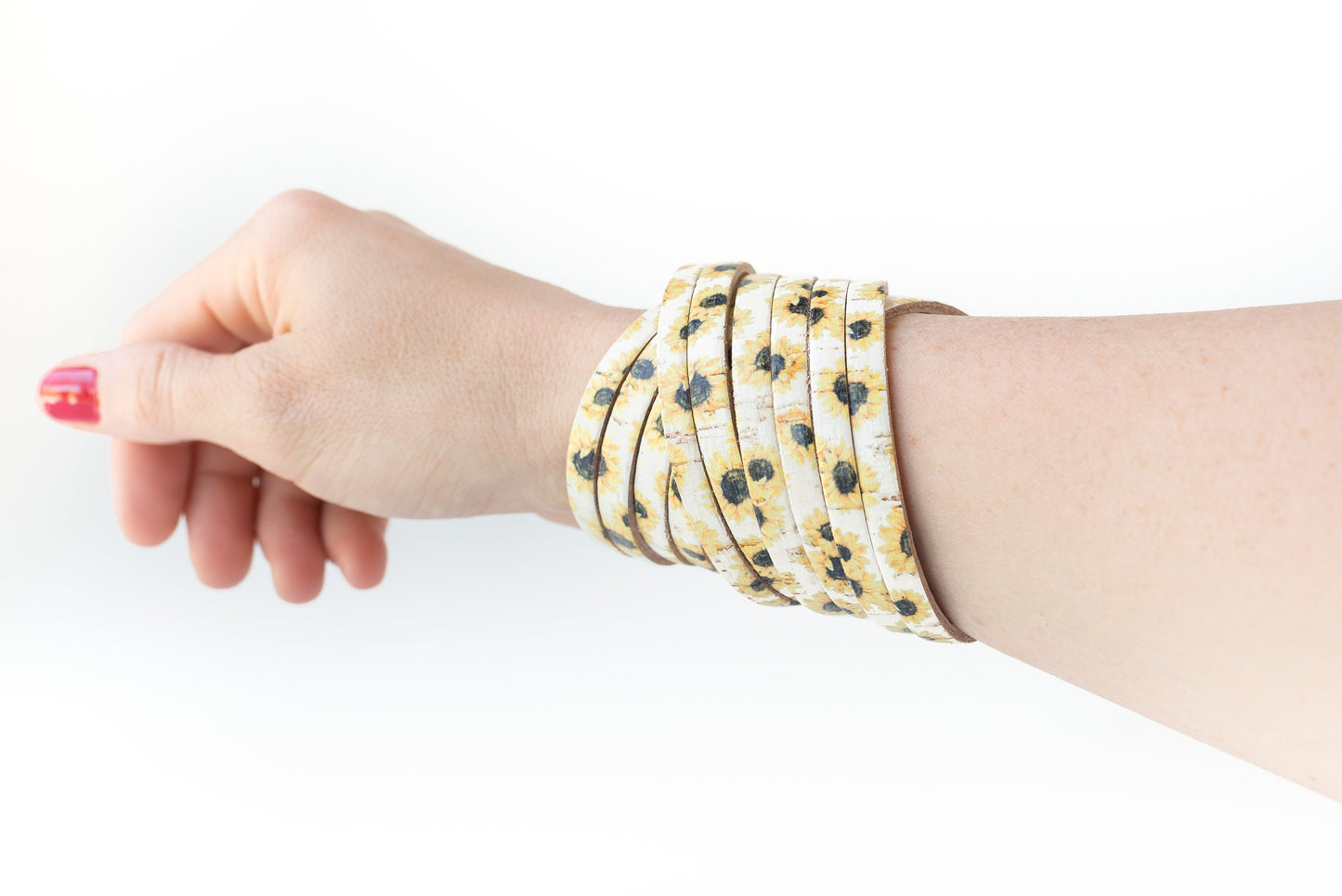 Leather Bracelet / Original Sliced Wrap Cuff / Sunny Flowers Cork