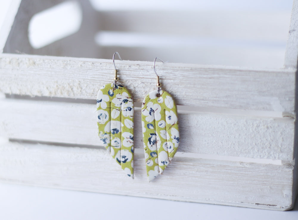 Leather Earrings / Mini Fringe / Mustard Poppies Cork