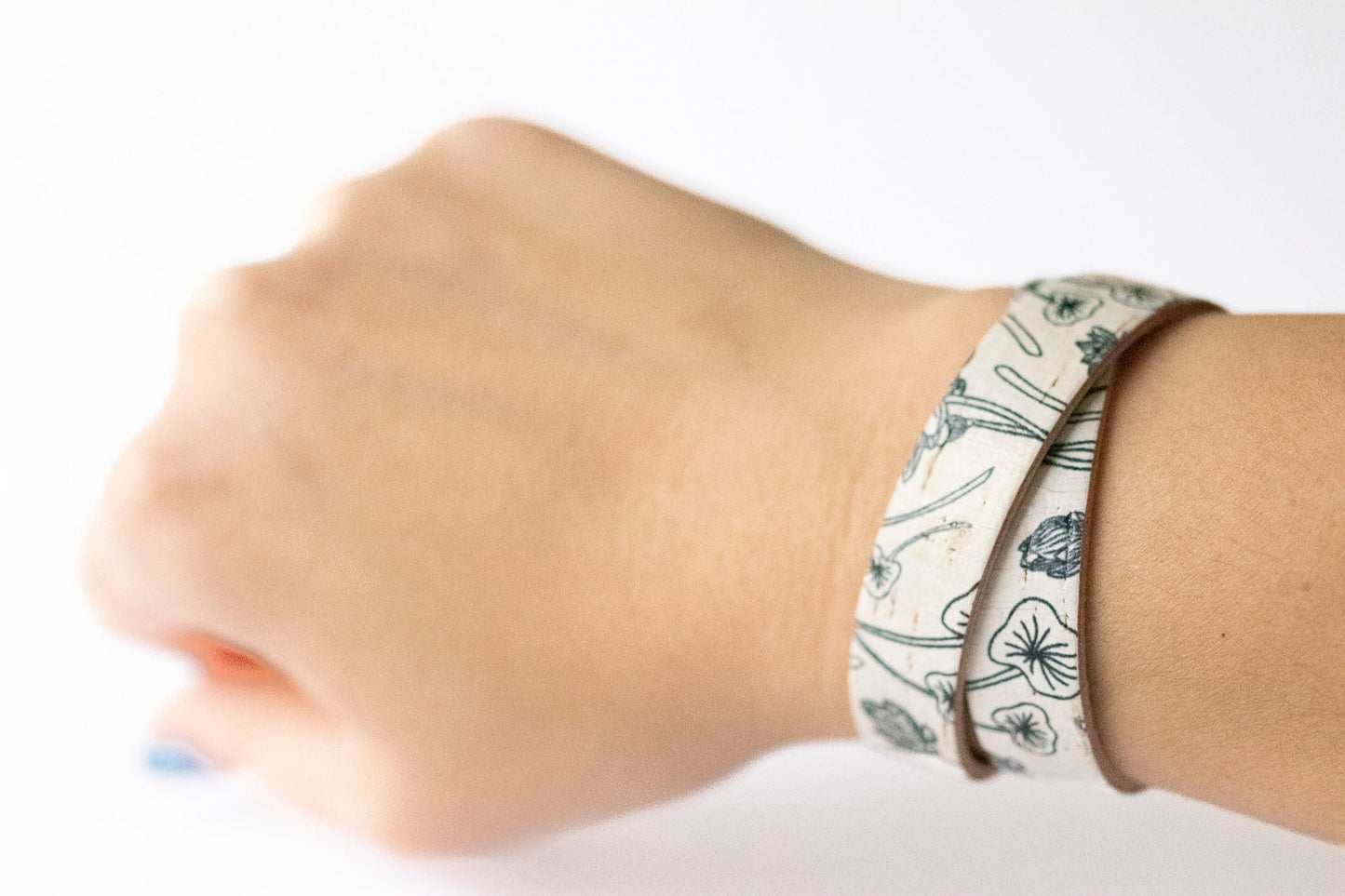 Leather Bracelet / Slim Wrap Cuff / Flourishing Cork