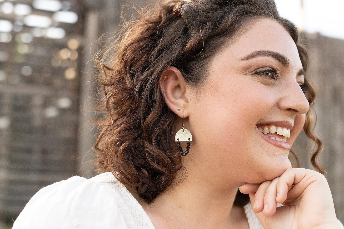 Leather Earrings / Black Mini Chain Drop / Tortoise Shell