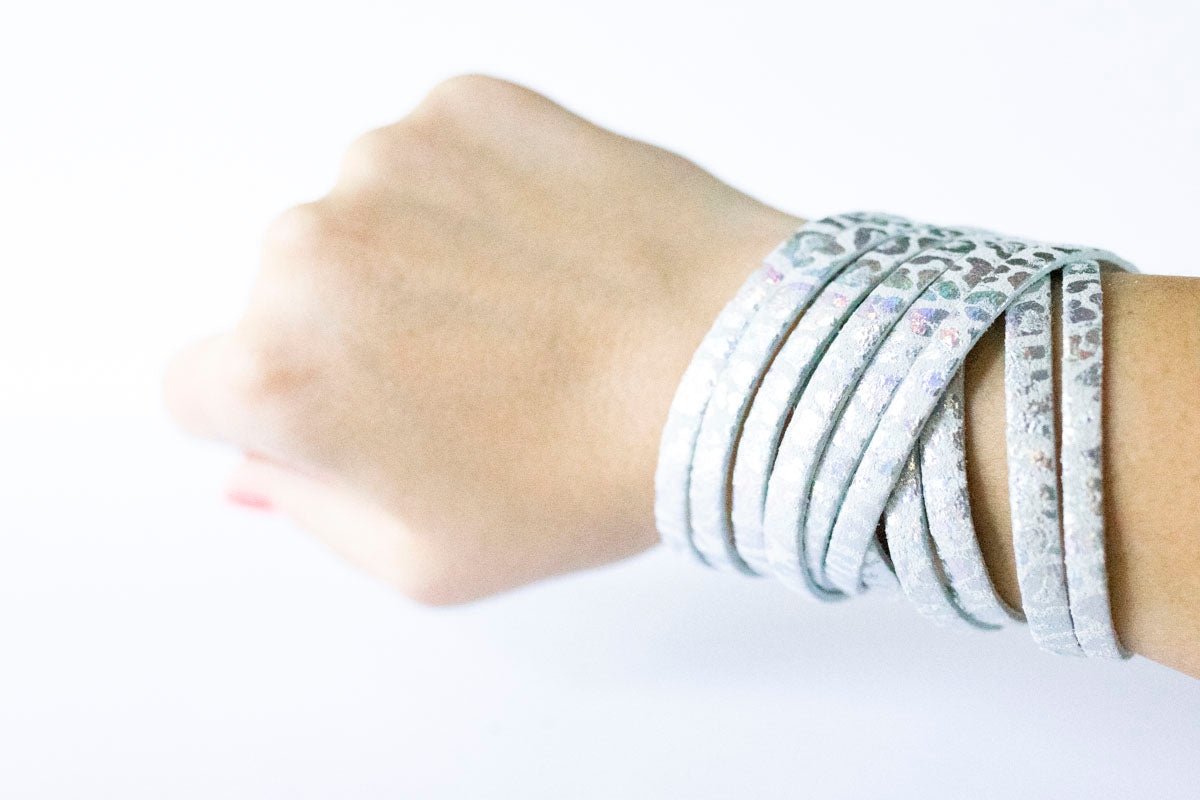 Leather Bracelet / Original Sliced Wrap Cuff / Prism Leopard / Extra Large