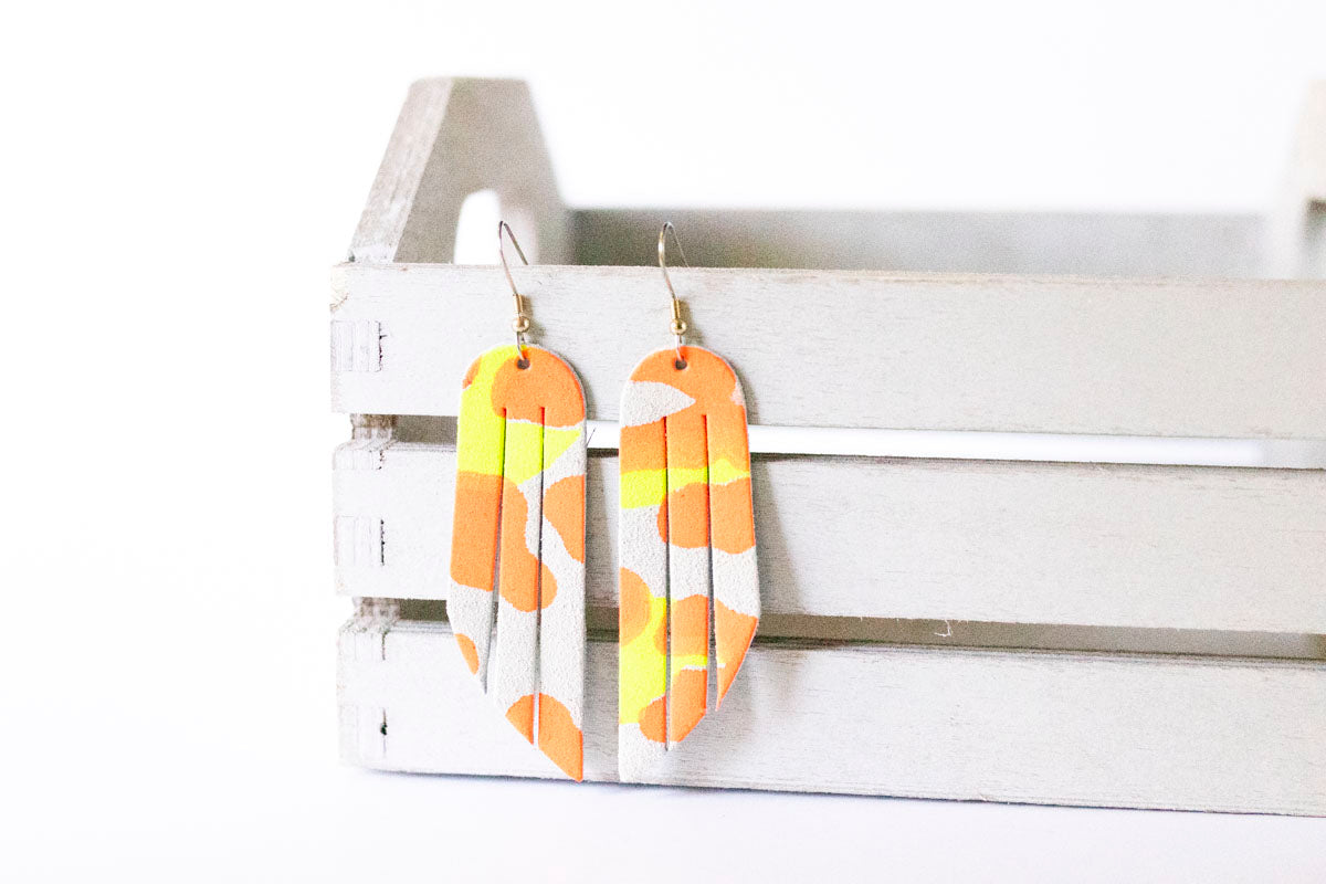 Leather Earrings / Fringe / Neon Leopard