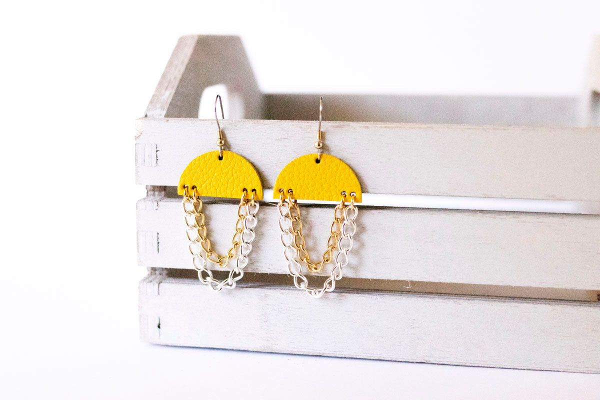 Leather Earrings / Chain Drop / Meyer Lemon