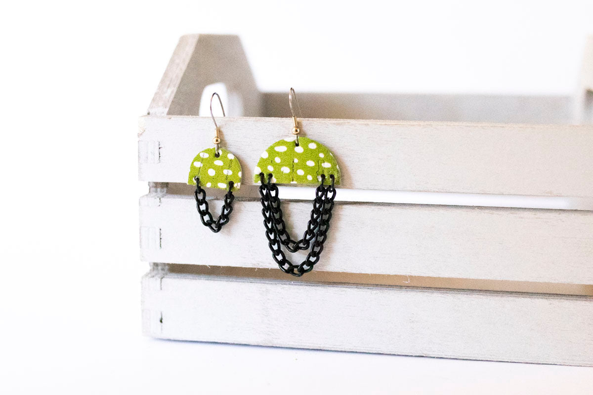 Leather Earrings / Mini Chain Drop / Sparkle Leopard Gold