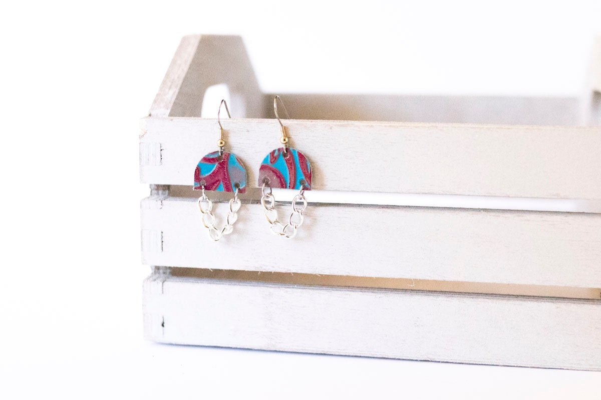 Leather Earrings / Mini Chain Drop / Tropical Hibiscus
