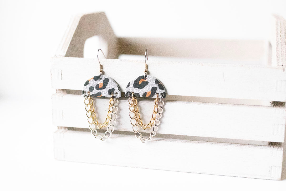 Leather Earrings / Chain Drop / Sparkle Leopard Silver