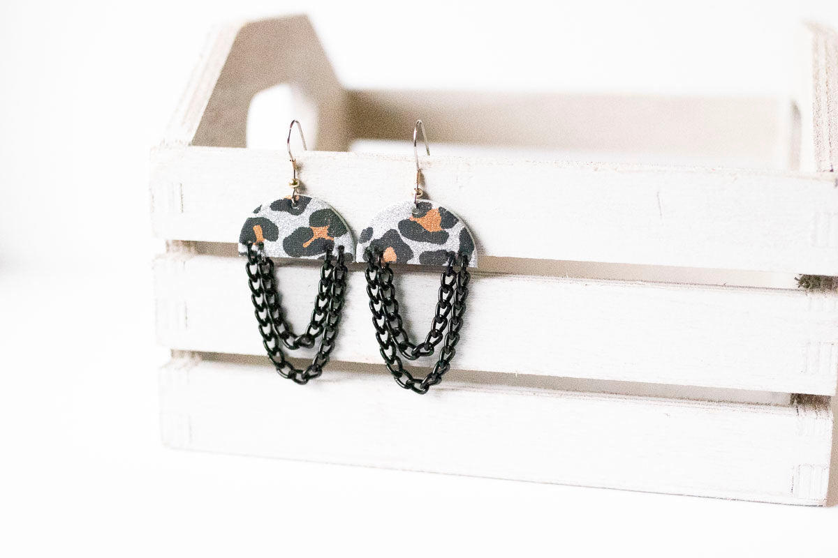 Leather Earrings / Black Chain Drop / Sparkle Leopard Silver