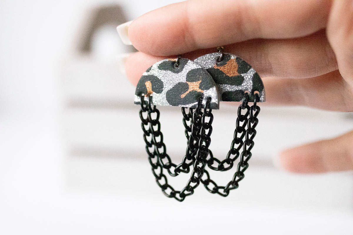 Leather Earrings / Black Chain Drop / Sparkle Leopard Silver