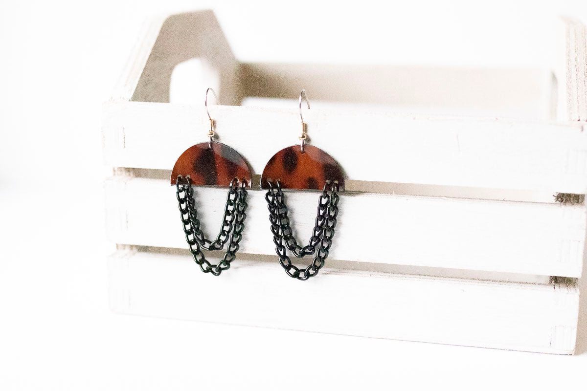 Leather Earrings / Black Chain Drop / Tortoise Shell