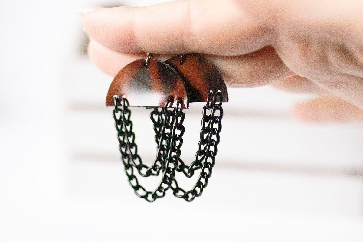 Leather Earrings / Black Chain Drop / Tortoise Shell