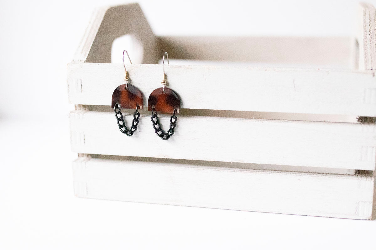 Leather Earrings / Black Mini Chain Drop / Tortoise Shell