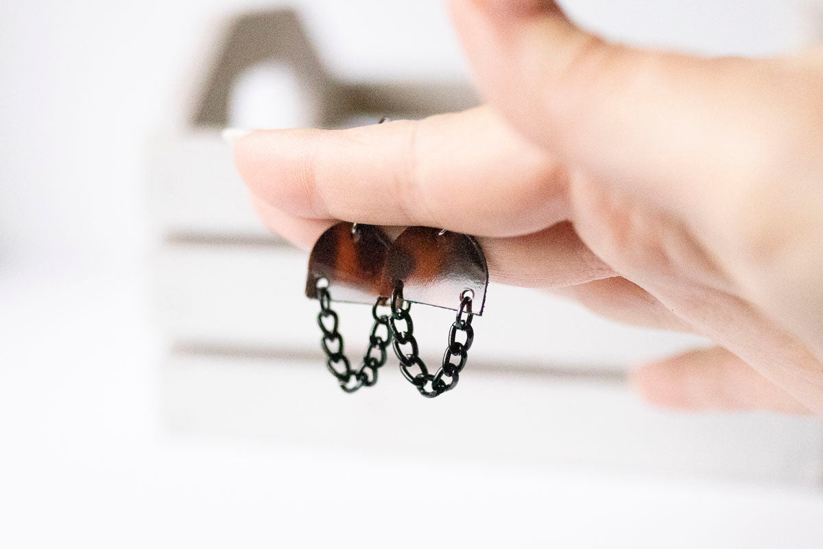 Leather Earrings / Black Mini Chain Drop / Tortoise Shell
