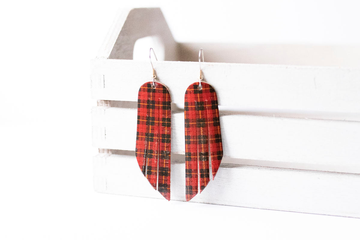 Leather Earrings / Fringe / Tartan Plaid