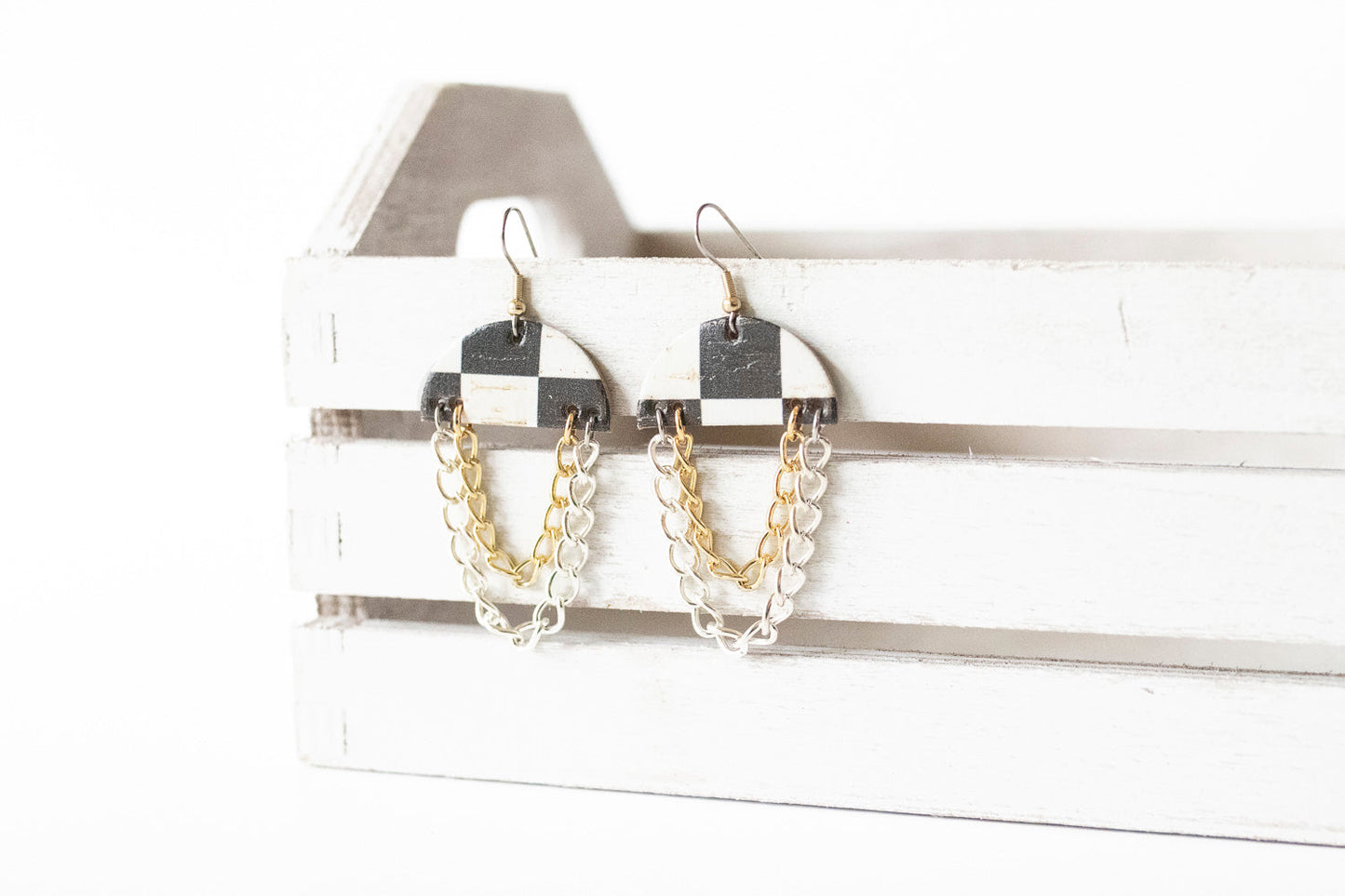 Leather Earrings / Chain Drop / Checker Cork