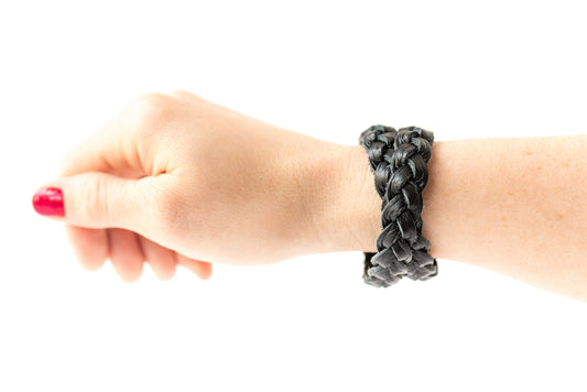 Double Wrap Braided Leather Bracelet / Deep Black / Regular