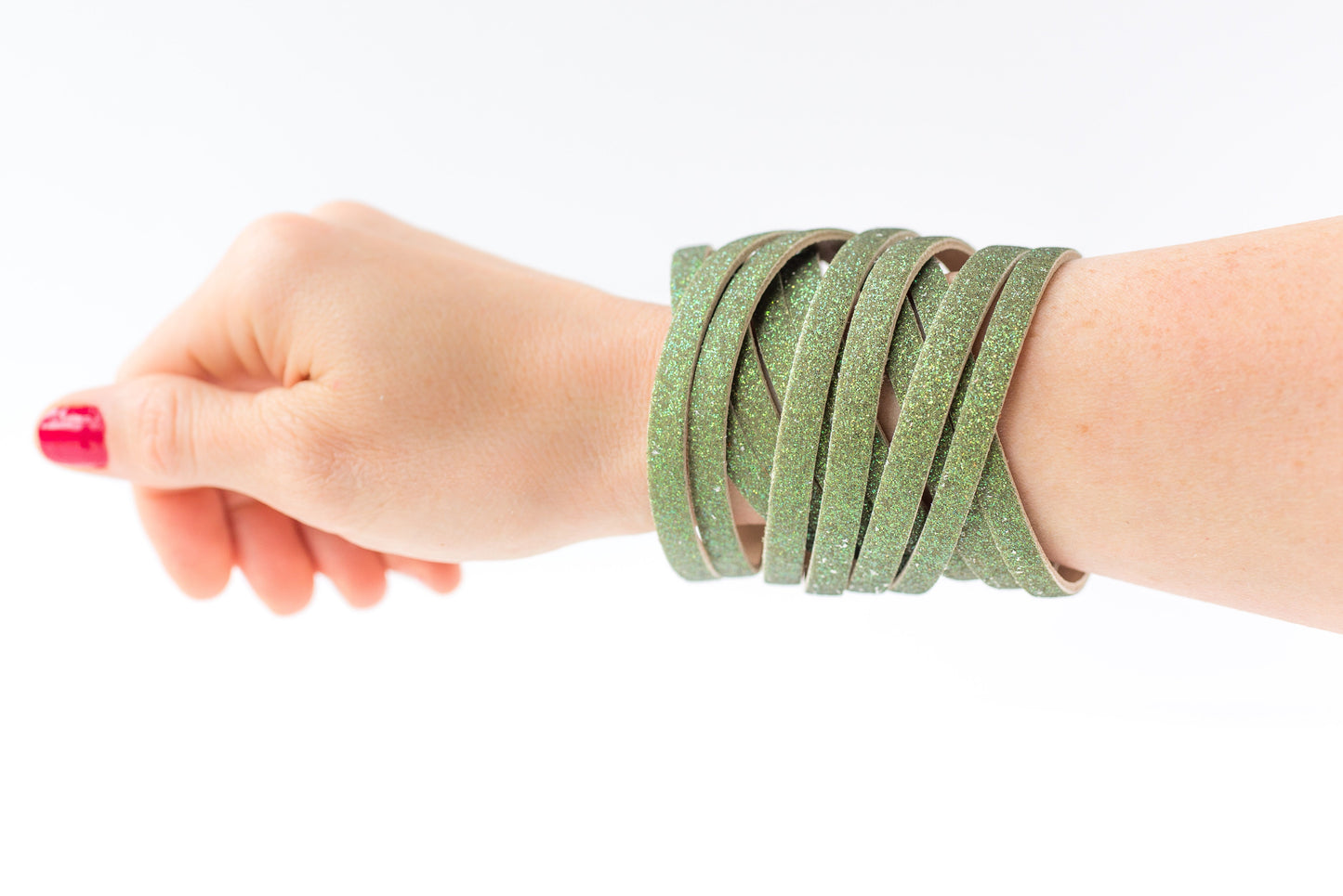 Leather Bracelet / Original Sliced Wrap Cuff / Spinach Sparkle / Large