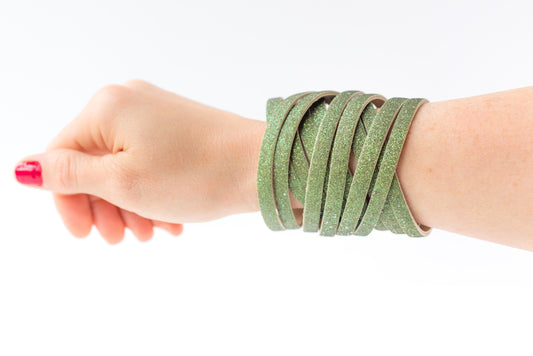 Leather Bracelet / Original Sliced Wrap Cuff / Spinach Sparkle / Large