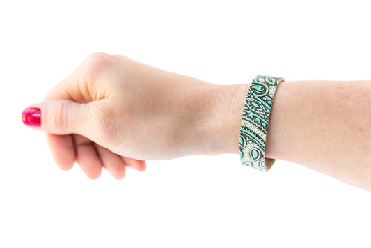 Leather Bracelet / Skinny Slim Cuff / Paisley Turquoise / Small