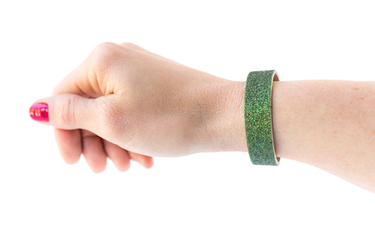 Leather Bracelet / Skinny Slim Cuff / Spinach Sparkle / Small