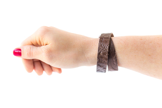 Leather Bracelet / Slim Wrap Cuff / Brown Western Floral