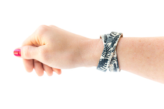 Leather Bracelet / Slim Wrap Cuff / Ivory Monstera Cork