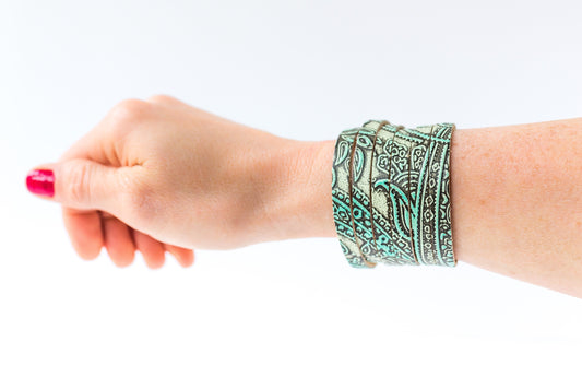 Leather Bracelet / Original Sliced Cuff / Paisley Turquoise / Large