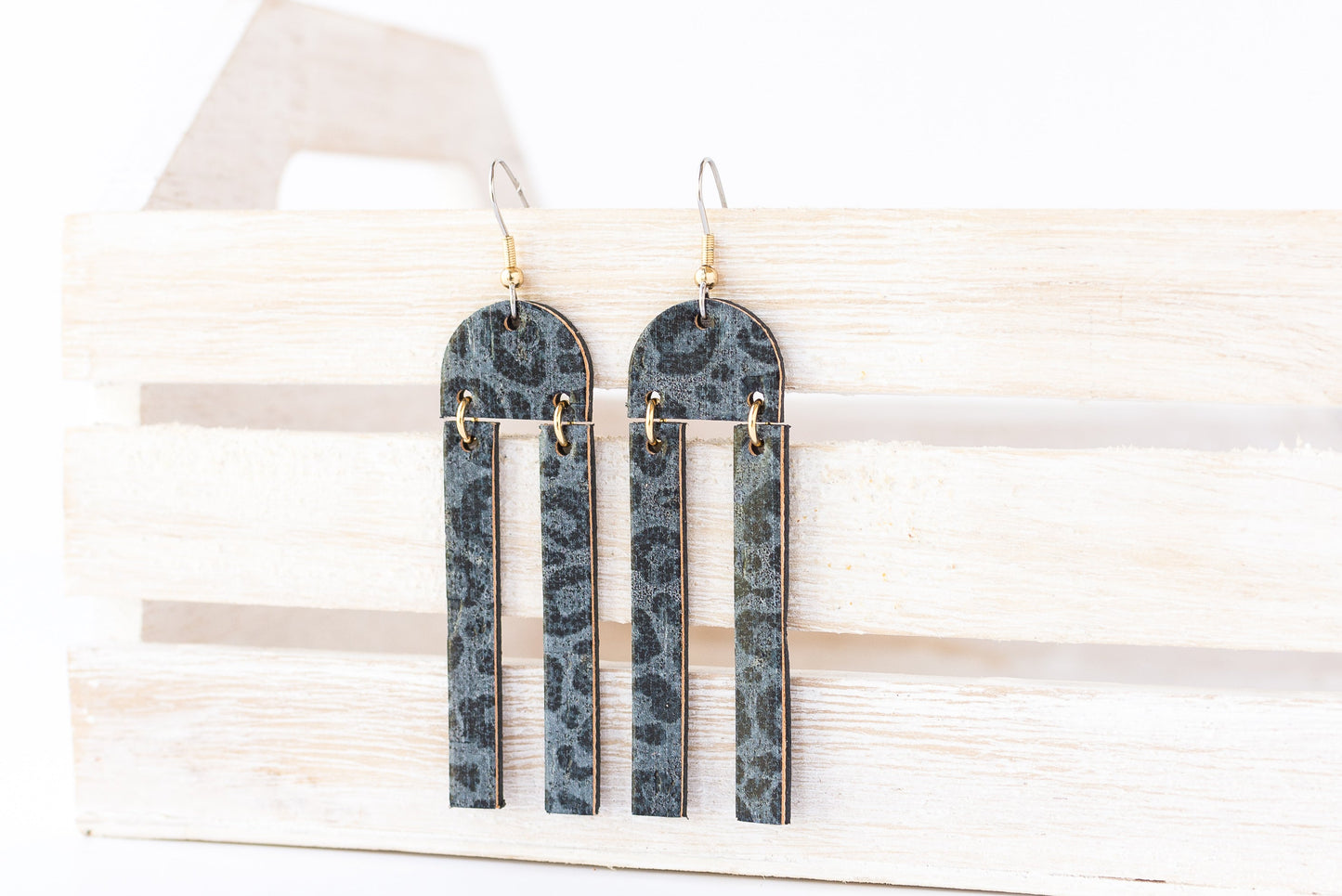 Leather Earrings / Sunrays / Black Leopard Cork