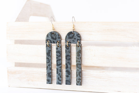 Leather Earrings / Sunrays / Black Leopard Cork
