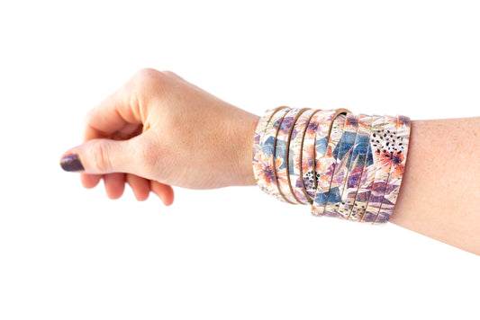 Leather Bracelet / Original Sliced Wrap Cuff / Pressed Flowers Cork / Extra Large
