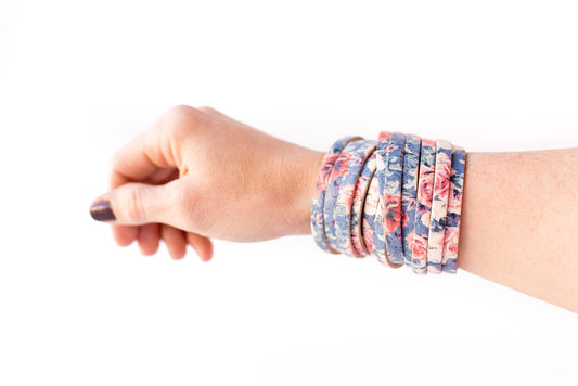 Leather Bracelet / Original Sliced Wrap Cuff / Pink Roses Cork / Large