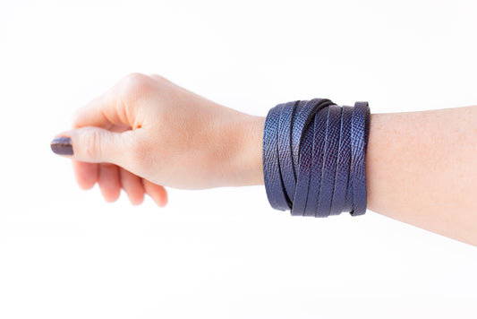 Leather Bracelet / Original Sliced Wrap Cuff / Sapphire Shimmer / Extra Large