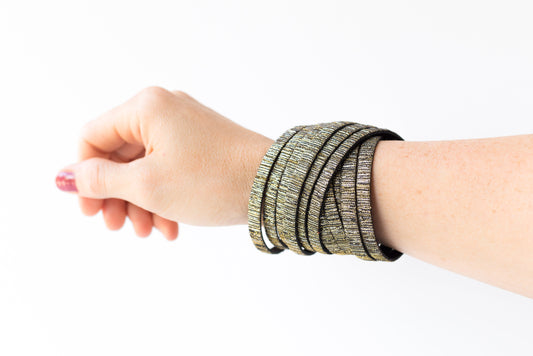 Leather Bracelet / Original Sliced Wrap Cuff / Woven Sparkle / Small
