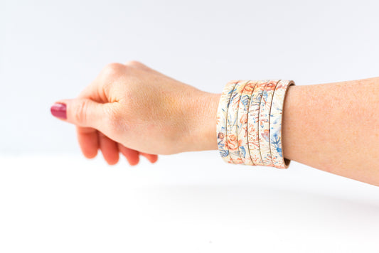 Leather Bracelet / Original Sliced Cuff / Vintage Flowers Cork / Small
