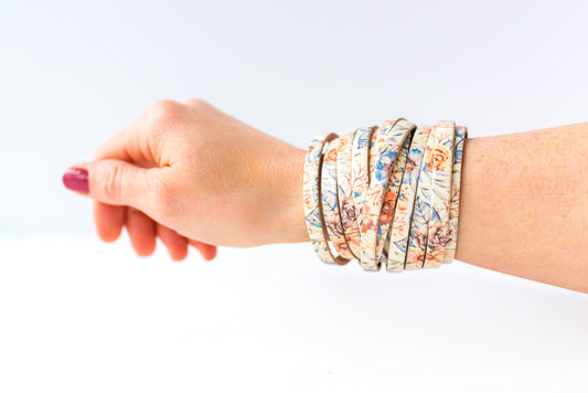 Leather Bracelet / Original Sliced Wrap Cuff / Vintage Flowers Cork / Small