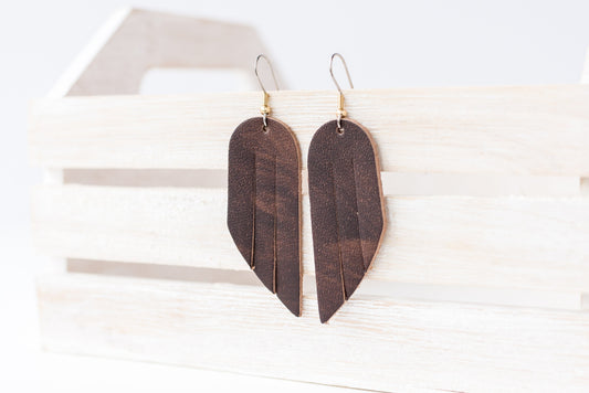 Leather Earrings / Mini Fringe / Washed Dark Brown