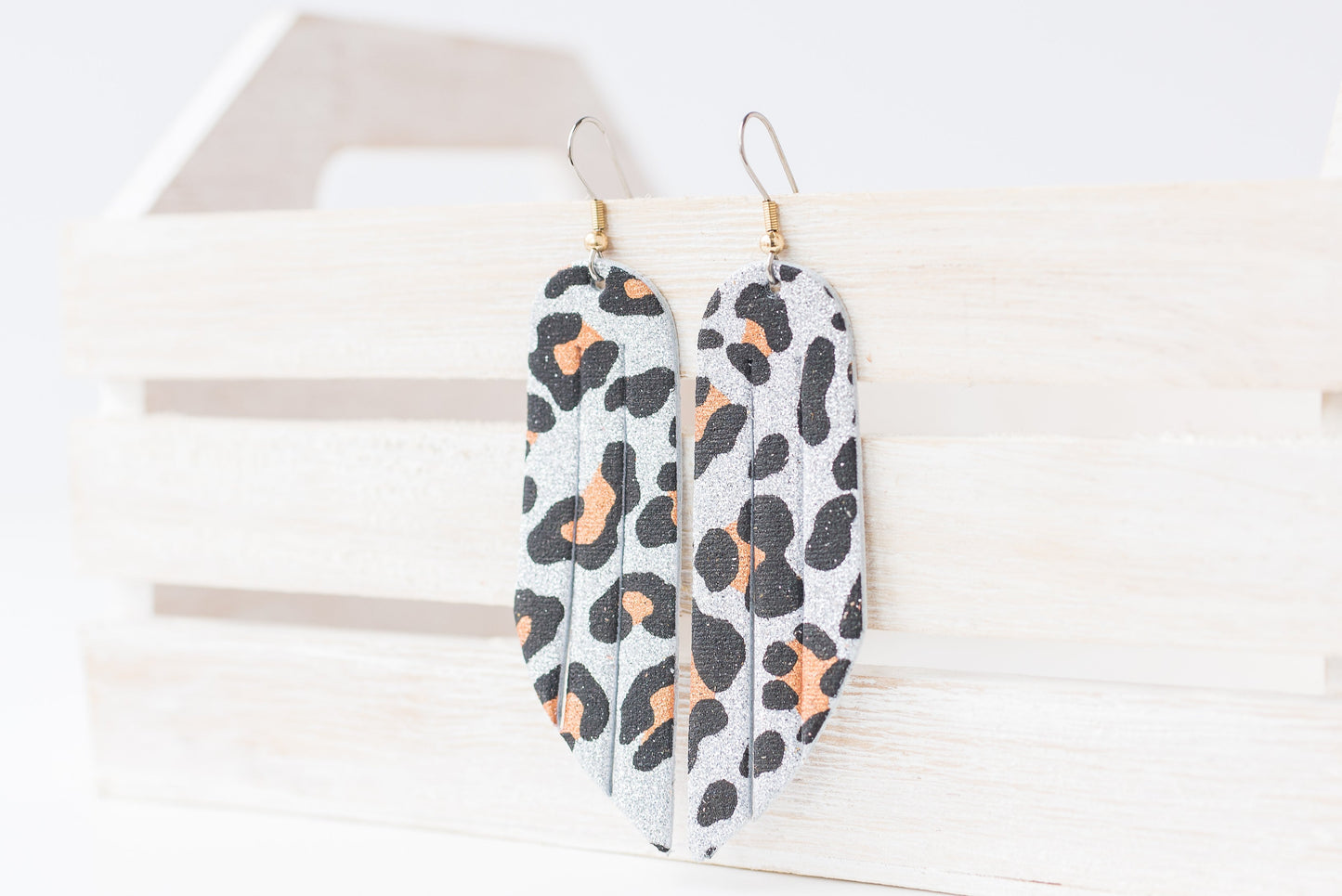 Leather Earrings / Fringe / Sparkle Leopard Silver