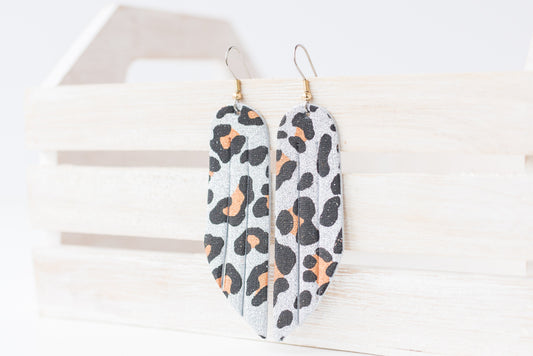 Leather Earrings / Fringe / Sparkle Leopard Silver