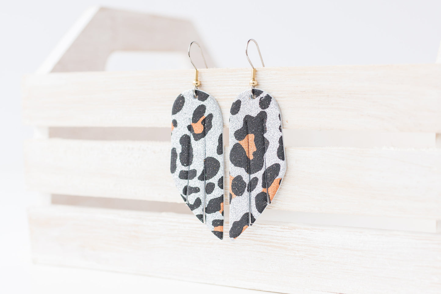 Leather Earrings / Mini Fringe / Sparkle Leopard Silver