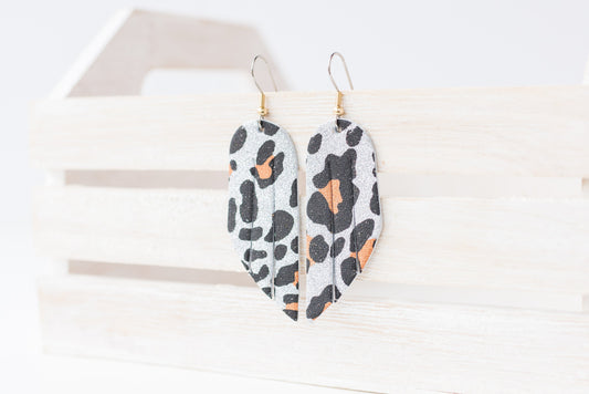 Leather Earrings / Mini Fringe / Sparkle Leopard Silver