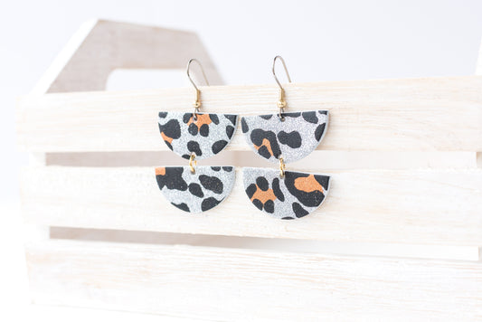 Leather Earrings / Demi Luna / Sparkle Leopard Silver