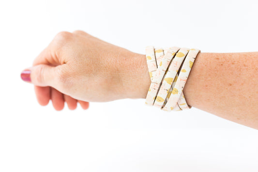 Leather Bracelet / Skinny Sliced Wrap Cuff / Summer Peony Cork