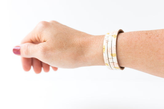 Leather Bracelet / Ultra Skinny Sliced Cuff / Summer Peony Cork